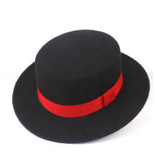 100% Wool Men Women Flat Top Fedora Hat With Red Ribbon Wool Trilby Pork Pie Boater Hat Jazz Hat Size 56-58CM 2024 - buy cheap