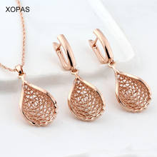 New Gift 585 Rose Gold White Gold Long Earrings And Pendant Set For Women Wedding Hollow Irregular Wave Earring Jewelry Set 2024 - buy cheap