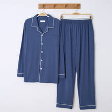 Pijama masculino liso modal, roupas de dormir de verão com mangas compridas para casa, conjunto de pijama azul para homens, pijama para outono 2024 - compre barato