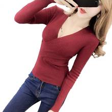 Women Knitwear Sweaters Solid Color Sexy Deep V Neck Sweater for Women Slim Basic Top Pullovers Women Knitted Jumpers Sweaters 2024 - buy cheap