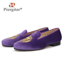Piergitar handmade lion embroidery men velvet shoes purple color men's moccasins for party and prom men loafers leather insole 2024 - buy cheap