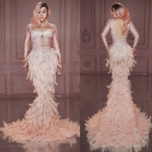 Luxury Pink Feathers Mermaid Long Dress Women Party Wedding Rhinestones Trailing Dress Evening Gown Singer Dress Stage Outfits 2024 - buy cheap