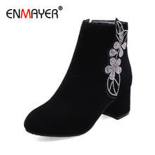 ENMAYER Nubuck Round Toe Square Heel Ankle Boots for Women Flock Zip High Solid Flower Red Women Boots PU Winter Shoes Fashion 2024 - buy cheap