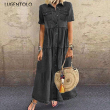 Платье-макси Lugentolo женское с коротким рукавом, однобортное свободное тонкое свободное Макси-платье из полиэстера, большие размеры, на лето 2024 - купить недорого