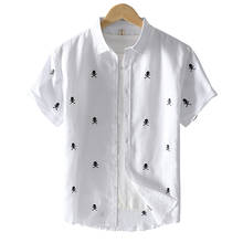 Camisas de manga curta para homens moda verão novo algodão linho respirável topos masculino crânio impressão casual branco coreano roupas 2021 2024 - compre barato