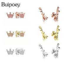 Buipoey Fashion Rose Gold Bow Stud Earring Female Fine Earrings Silver Color Plated Crown Earring Jewelry Birthday Gift 2024 - buy cheap