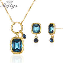 Mytys Brand Blue Stone Jewelry Sets for Women Fashion Crystal Pendant Necklace Earrings Sets Party Noble Jewelry 2024 - buy cheap