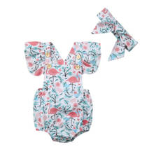 Pudcoco/Новинка, Модный комбинезон с изображением фламинго для новорожденных девочек от 0 до 24 месяцев, с квадратным воротником, повязка на голову, летняя одежда 2024 - купить недорого
