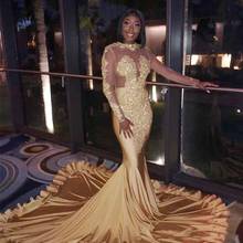 African Gold Champagne Mermaid Prom Dresses Vintage Long Sleeve High Neck Beads Appliques Long Vestidos Formal Evening Gowns 2024 - buy cheap
