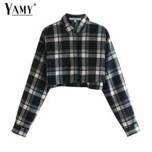 Autumn long sleeve crop top women plaid shirt women button up shirt vintage korean style blouse cropped 2024 - buy cheap