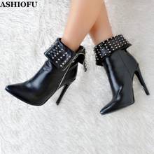 Ashiofu botas femininas de salto alto feito à mão, botas com rebites, espinho, para festa ou boate, bico ponteagudo, moda para tarde, boate 2024 - compre barato