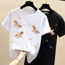 Женская хлопковая футболка, с вышивкой и коротким рукавом, белая, в Корейском стиле, повседневная, летняя, 2021 2024 - купить недорого