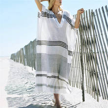 2022 Elegant Black White Striped Side Split Long Beach Dress Cotton Tunic Women Summer Beachwear Kaftan Dress Robe De Plage Q379 2024 - buy cheap