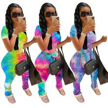 Tie-dye Print Women 2 Pieces Set Short Sleeve O Neck Tops and Pencil Long Pants Ladies Casual Daily Outfit Wear Tracksuit 2024 - buy cheap