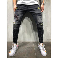 Мужские джинсы, облегающие классические мужские джинсы, брюки, повседневные Прямые рваные Стрейчевые джинсы, джинсы с принтом в стиле хип-хоп 2024 - купить недорого