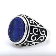 Lapis Lazuli Stone Men's Ring Real 925 Sterling Silver Flat Natural Blue Gemstone Carving Male Women Turkish Lucky Jewelry Gift 2024 - buy cheap