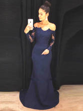 Dark Navy Blue Evening Dress for Formal Occasion Lace Long Sleeve Off Shoulder Mermaid Elegant 2019 Prom Party Gowns 2024 - buy cheap