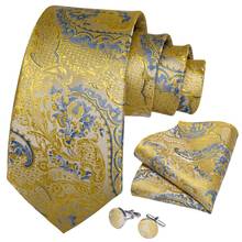 Men Tie Gold Blue Floral Silk Wedding Tie for Men Handky cufflink Gift Tie Set DiBanGu Design Party Business Fashion SJT-7293 2024 - buy cheap