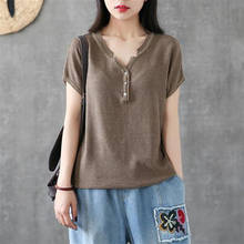 Camiseta de manga curta com gola v e de seda, moda coreana, verão, 2021 2024 - compre barato