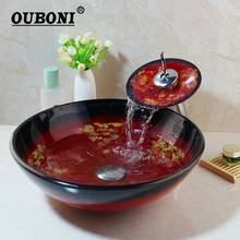 OUBONI Red Hand Painting Tempered Glass Vessel Sink Countertop Bowl Waterfall Basin Faucet Set W/ Pop Drain & Basin Mixer Tap 2024 - buy cheap