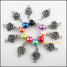 10 abalorios de flores de Rosa nuevo, colgantes de cuentas de cristal mezclados plata tibetana 12x34mm 2024 - compra barato