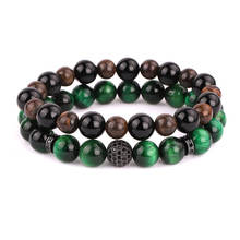 New Fashion Natural Stone Green Tiger Eye Bronze Black Onyx Stone Beads Elastic Men Bracelet Set 2024 - buy cheap