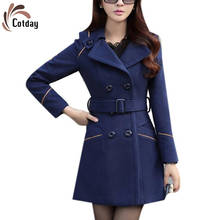 Cotday Wool Double Breasted Office Style Lady Blue Women Grace Winter Warm Long Elegant Trench Women Loose Woolen Blend Coat 2024 - buy cheap