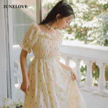 JuneLove-vestido Kawaii para mujer, vestido de princesa adorable, estampado de margaritas pequeñas, con volantes y cuello cuadrado, elegante, de verano 2024 - compra barato