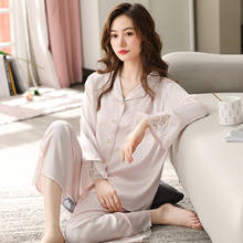 Pijama feminino de seda cetim, pijama rosa com borda de renda 2024 - compre barato