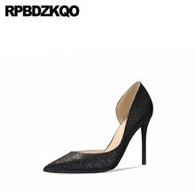 Sapato stiletto bico fino 8cm 33, calçado feminino salto alto ultra grande fino com glitter preto 2024 - compre barato