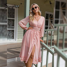 Платье Simplee женское шифоновое с V-образным вырезом, элегантное однотонное розовое платье-трапеция с длинным рукавом и оборками, офисная одежда на пуговицах, весна 2021 2024 - купить недорого