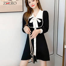 Mini vestido preto de malha com laço, outono e inverno feminino, vestido de festa vintage com gola turn-down e manga longa 2024 - compre barato