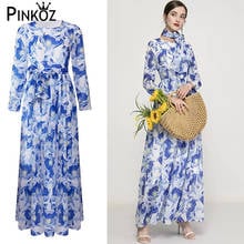 Pinkoz runway designer maxi dress blue flower printed sashes chiffon O-neck long sleeve party casual dresses for party women 2XL 2024 - buy cheap