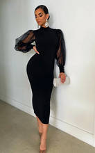 Women Mesh Lantern Sleeve Slim Midi Dress Elegant Bodycon Evening Party Long Robes Dresses 2024 - buy cheap