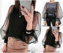 Hot sale Elegant Knitted Patchwork Women O-neck Streetwear See-through Sheer Mesh Dot Blouse Puff Long Sleeve Tops Sweater 2024 - buy cheap