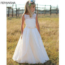 Vestido da menina de flor branco tule inchado vestidos de princesa para meninas plumas primeiro comunhão vestido bonito vestido de festa de casamento da menina 2024 - compre barato
