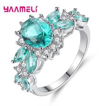 Precioso anillo para mujer compromiso de boda de mujer Plata de Ley 925 brillante verde/azul óvalo cúbico Zirconia flor hoja joyería 2024 - compra barato