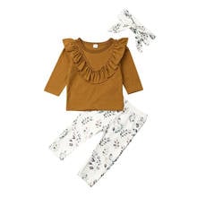 Lindo bebê recém-nascido de 0-24m, manga longa, babado, pulôver, tops, floral, calça longa, legging, tiara, 3 peças, conjunto de roupa de bebê 2024 - compre barato