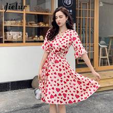 Jielur Summer V-neck Ruffled Dress Elegant Women High-waist Heart-print Short-sleeve Waistband Office Robe Dress Female Vestidos 2024 - buy cheap