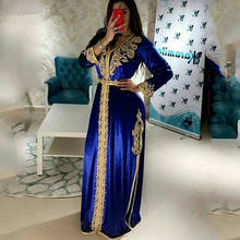 Blue Moroccan Kaftan Caftan Muslim Evening Dresses A-line V-neck Long Sleeves Appliques Dubai Arabic Turkey Abaya Islamic Gown 2024 - buy cheap
