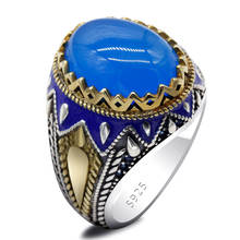 Blue Agate Ring for Men 925 Sterling Silver Natural Stone with Enamel Gorgeous Crown Rings for Men Women Turkish Jewelry Gift 2024 - buy cheap