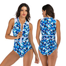 Women's Zip Front One Piece Swimsuit Geometric Printed High Neck Rash Guards Sleeveless Tummy Control Bathing Suits Sun Protect 2024 - buy cheap