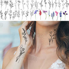 Zinia-tatuajes temporales pequeños de flores negras para mujeres y niñas, calcomanía de tatuaje falso realista, Luna, Flora, brazo y cuello, tatuajes de boda 2024 - compra barato