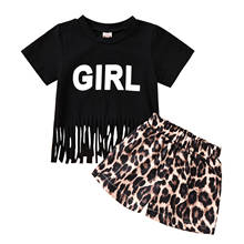 1-5y verão moda criança meninas conjuntos de roupas letra impressão borla manga curta parte superior leopardo shorts 2 peças crianças conjunto 2024 - compre barato