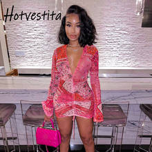 Hotvestita 2021 Summer New Women Sexy V Neck Drawstring Ruched Print Mesh See-through Flare Sleeve Bodycon Party Club Mini Dress 2024 - buy cheap