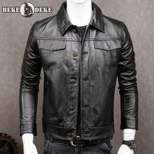 Mens Biker Cow Leather Coat Single Breasted Short Slim Fit Real Leather Jacket Male Cowhide Business Work Casual Outwear Coat 2024 - buy cheap