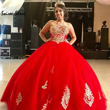 Classy Red Quinceanera Dresses Puffy Ball Gown Sweet 15 Dress With Gold Appliques Lace Up Floor Length Tulle Prom Gowns 2020 Bow 2024 - buy cheap