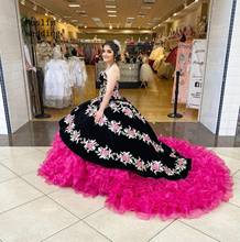 Elegant Hot Pink Mexican Quinceanera Dresses Embroidery Sweet 16 Dress 2020 Ball Gown Organza Masquerade Extra Puffy Prom Dress 2024 - buy cheap