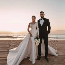 Новые модные женские костюмы, свадебные платья на одно плечо с длинным рукавом, Украшенные бусинами, со шлейфом, свадебные платья в арабском стиле Дубая 2024 - купить недорого