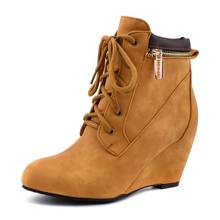 Rebanho Dedo Do Pé Redondo Botas de Salto Alto Tornozelo para As Mulheres Lace-Up Cunhas Zipper Botas Senhoras Sapatos de Inverno Mulher Negra botas amarelas Mulheres 2024 - compre barato